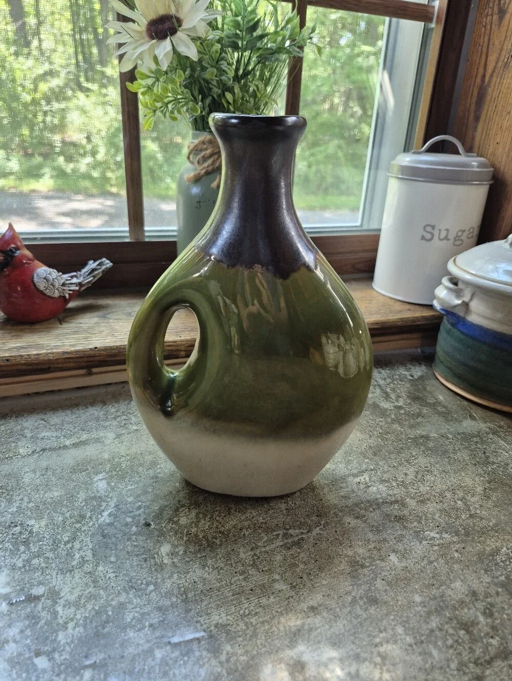 Vintage Ceramic Green Brown Drip Glazed Handle Cutout Vase